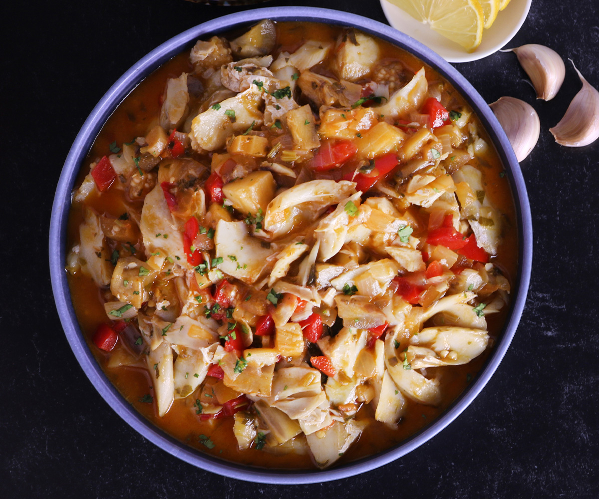 Pasta integral con bacalao y berenjena al pimentón